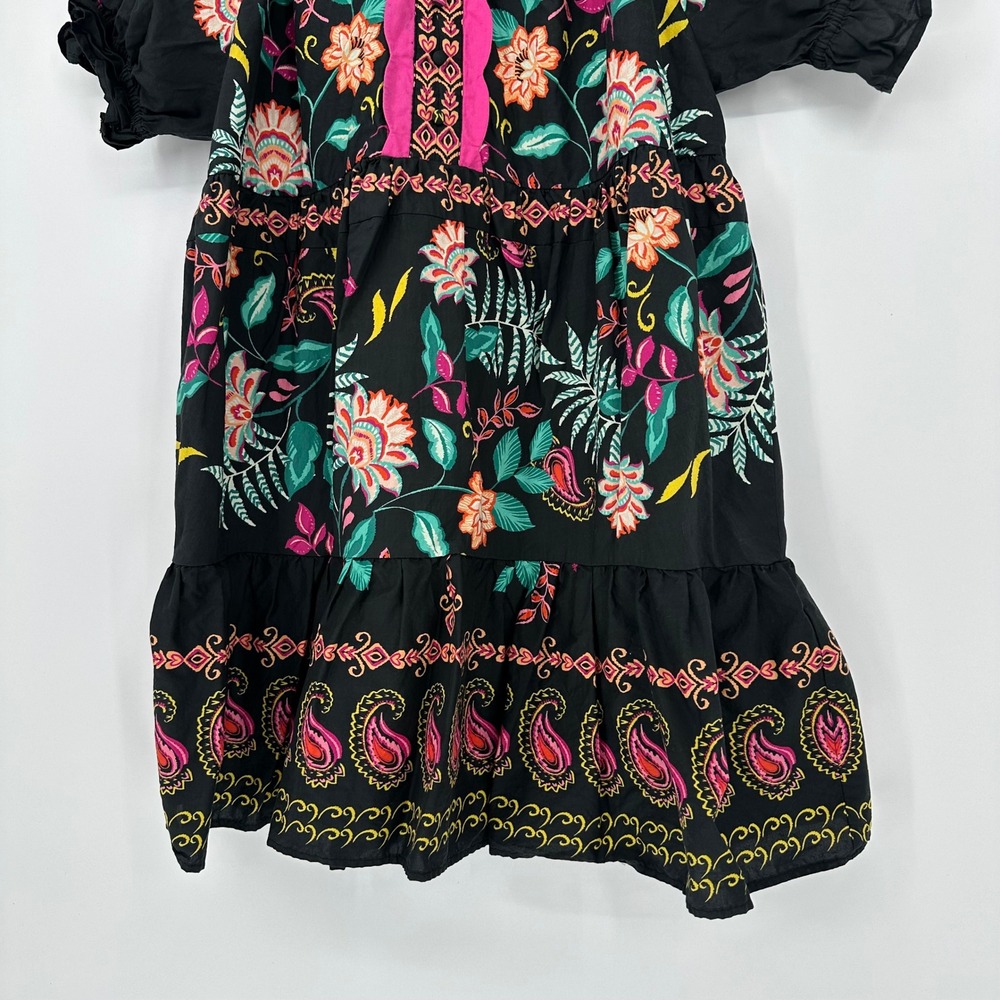 Umgee Boutique Black Mini Tiered Puff Sleeve Dress Vibrant Floral Ruffles L FLAW - Picture 3 of 7